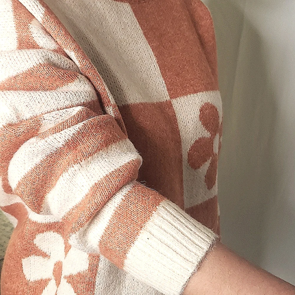 Entro Crew Neck Sweater Checkerboard Stripe Orange Cream Retro Hippie Boho